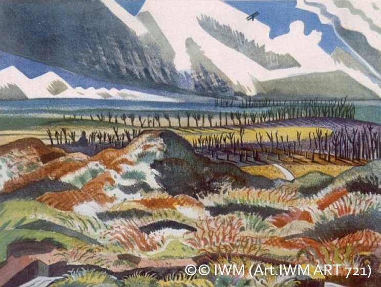 Paul Nash painted this watercolour in late 1918 when he returned to France as an Official War Artist. He named the painting ‘Ruined Country: Old Battlefield, Vimy nearLa Folie Wood’.