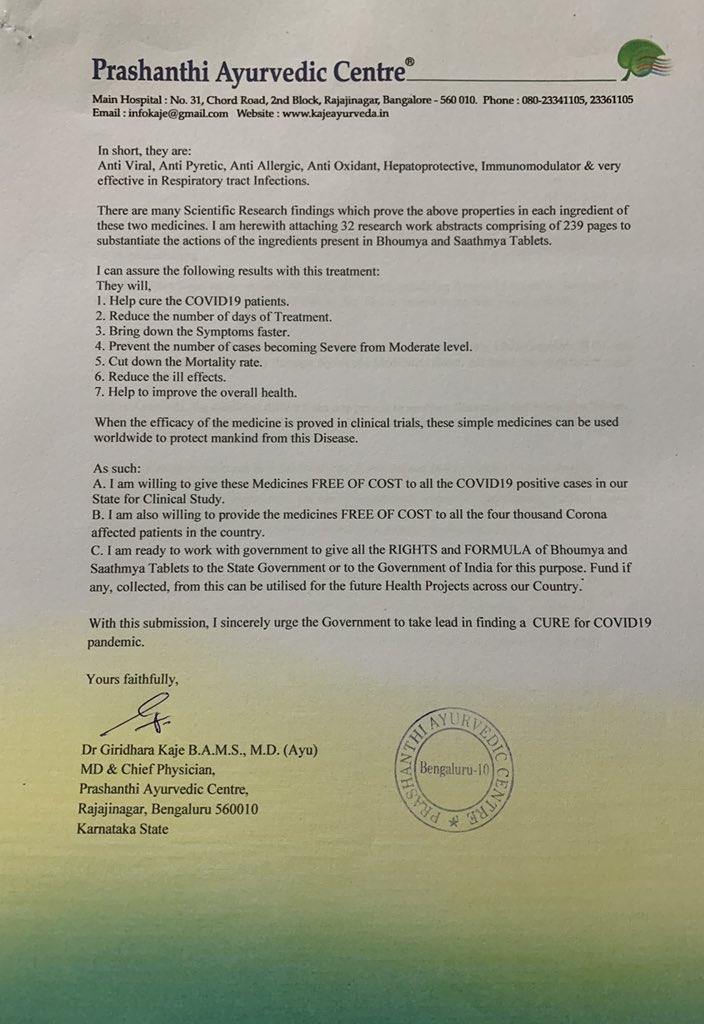 Pranams Sri Modiji,Myself, Ayurveda Doctor requested Karnataka Govt. to take up possible Curative Broad Spectrum Antiviral drug developed by me for COVID19. I am ready to give them to 5000 patients in India & all Rights to Govt Free of cost to protect Mankind  @PMOIndia  @BSYBJP