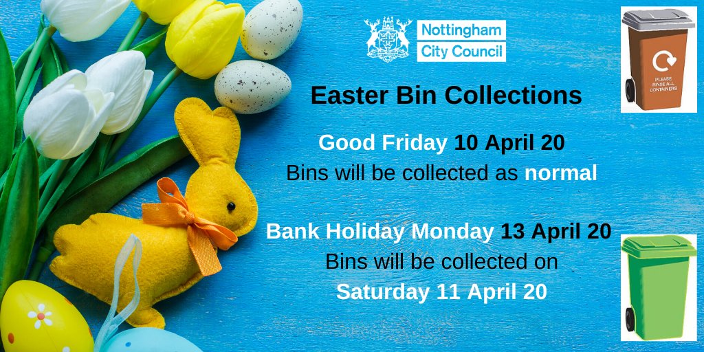 Bin collections over Easter
•Good Friday 10 April 2020 bins will be collected as normal 
•Bank Holiday Monday 13 April 2020 bin will be collected on Sat 11 April 2020 
✅ Remember to have your bin out for collection by 7am.