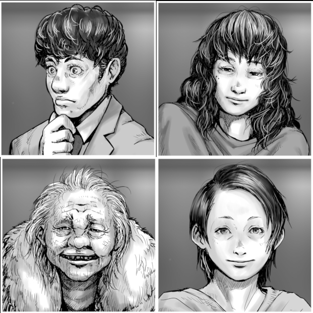 新作シナリオ「鬼哭村」のタイトル画像とNPCたちです。鬼の伝説を持つ村に、とある理由で訪れた探索者たちは、そこで怪異に巻き込まれる・・・というお話。新刊のシナリオ本に収録予定のものです。もうちょいで完成