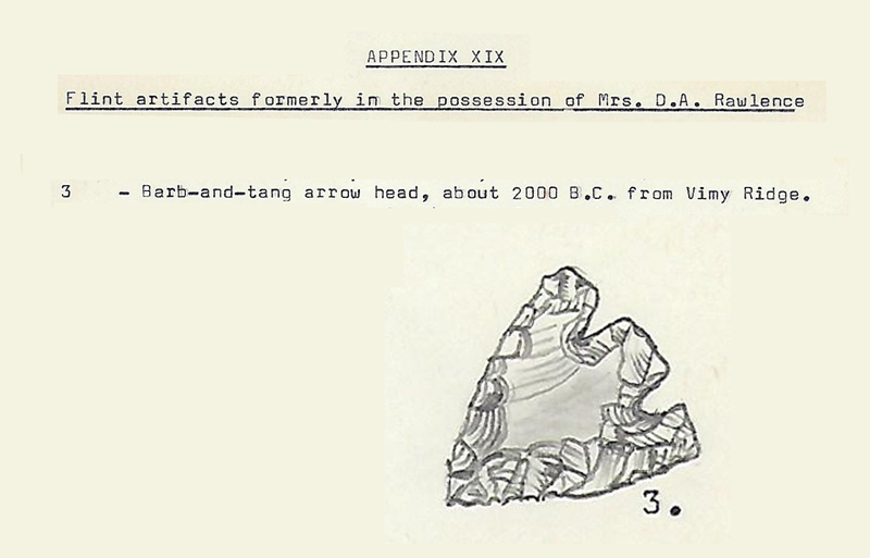 He ended up planting potatoes near Vimy Ridge which is where he dug up a Neolithic tooth and a lovely flint arrow head. He returned from active service in April 1919. Here is a sketch of his precious find, dating to about 2000 BC.
