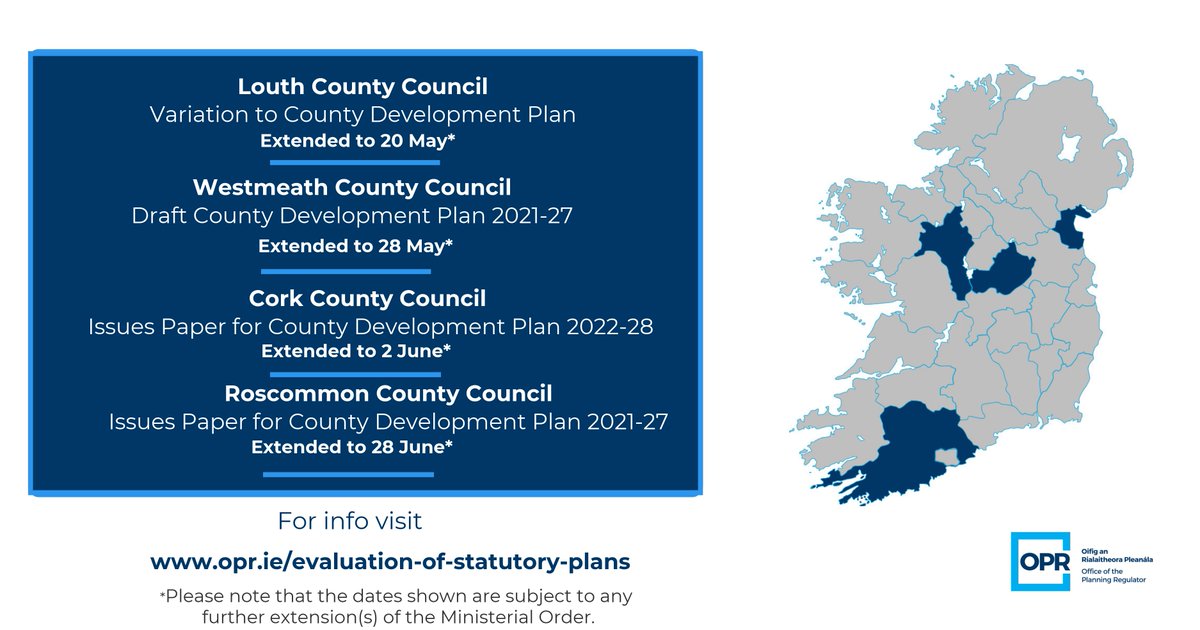 PlanningReg's tweet image. Following the Government’s decision to extend public participation periods in the planning system for a period of three weeks, four local authorities have confirmed their new deadlines for public consultation.
bit.ly/2yKf6ol