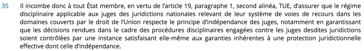 5/ Key para (if one has to pick only 1) is para 35: EU law precludes setting up of disciplinary bodies which fail themselves to satisfy guarantees inherent in effective judicial protection, including that of independence = no room for sham, bogus, kangaroo "courts" like disc ch