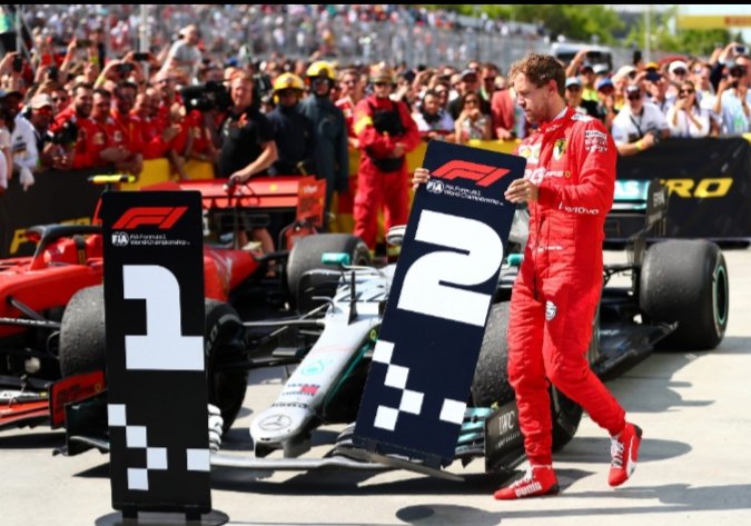 Canada 2019. Vettel and Hamilton are fighting for first place. However Seb loses control of the car, goes through the grass and narrowly misses Hamilton while re-joining the track. He was given a 5 second penalty which cost him the win. "They are stealing the race from us"