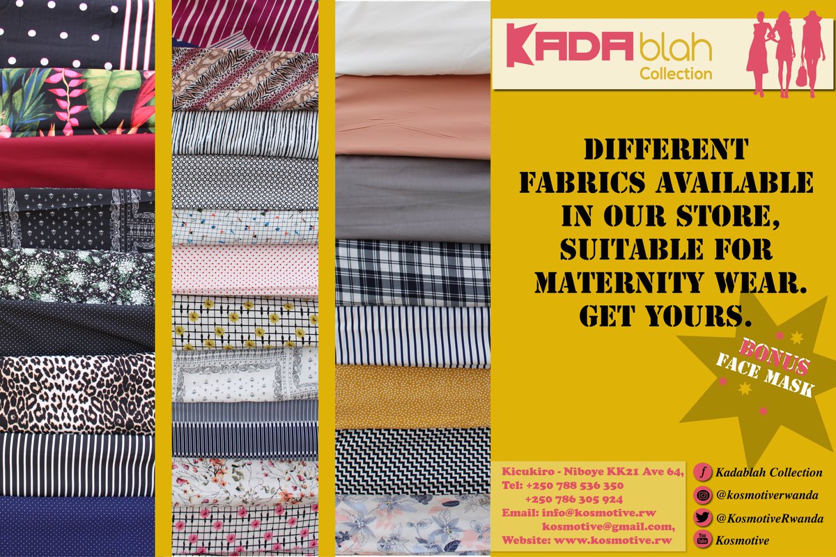 KosmotiveRwanda's tweet photo. Get your favorite color from our new collection of fabrics for maternity clothes plus a free face mask to protect yourself from #COVID19.
#KadablahCollection
#KosmoHealth https://t.co/RUewpFPMCR
