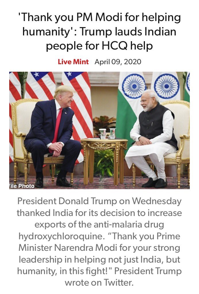 lindanewmai's tweet photo. 'Thank you PM Modi for helping humanity': Trump lauds Indian people for HCQ help
#HelpTheOthers
#HumanityComesFirst
#IndiaTrustsPmModi 
#COVID19

 https://t.co/5dM5q53g2Z https://t.co/CDbwO1fURC