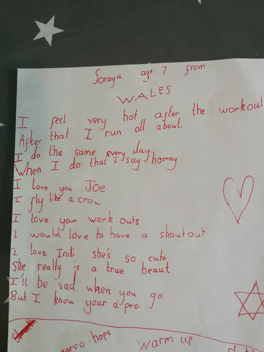 My poem for my daily workouts that I love with #homeworkwithJoe. Soraya aged 7 Wales. #PEWithJoe