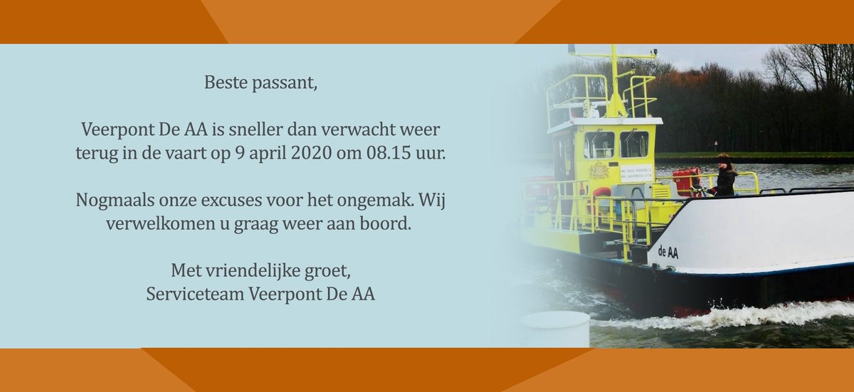 PontjeAA's tweet photo. 👉GOED NIEUWS!👈Veerpont De AA is weer terug in de vaart op 9 april 2020 om 08.15 uur. https://t.co/Gg2blUK0gj