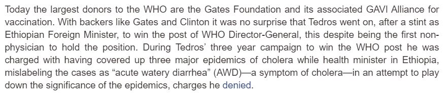 9. "The final three candidates [...] Tedros Adhanom Ghebreyesus, who has served as health minister and foreign minister in the Ethiopian government." - NB Ghebreyesus was charged with cover-up of cholera in Ethiopia.  https://www.globalresearch.ca/who-who-tedros-adhanom/5704110