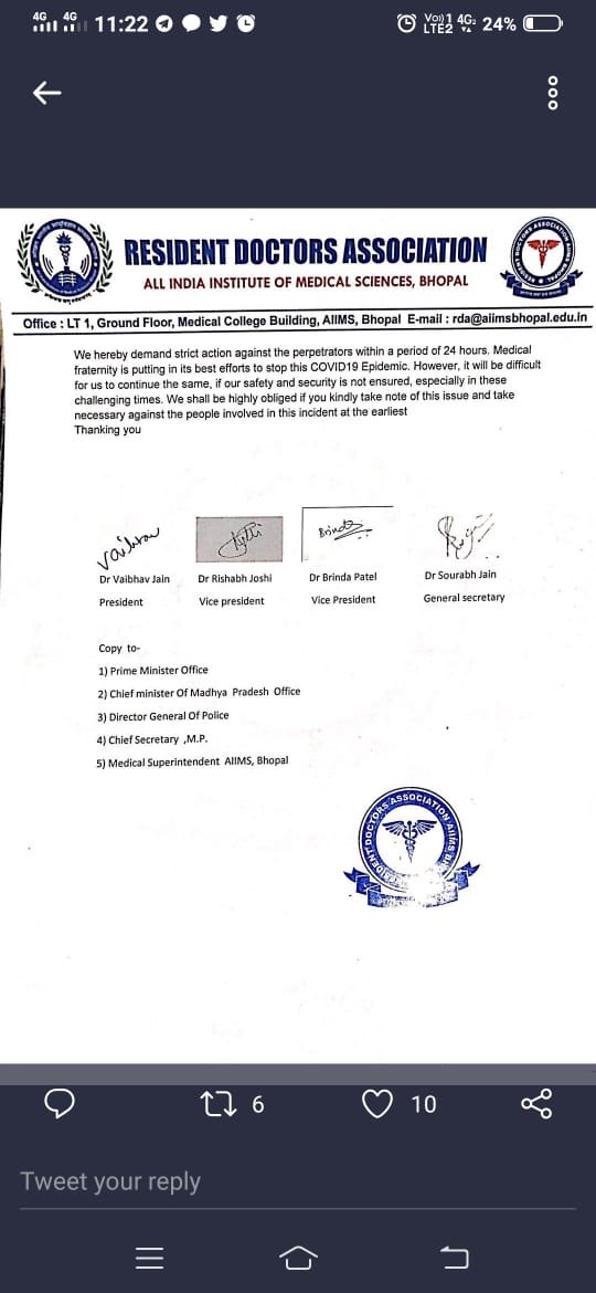 journo_priyanka's tweet photo. The Resident Doctors’ Association at #AIIMS Bhopal have  written a letter to the director of the institute regarding abusive behaviour and physical assault by police towards resident on-duty doctors. #HeroesOfCovid19 @AIIMSBhopal @Anti_Virus_ 

#COVID2019india #COVID19Pandemic https://t.co/RWULNaXCz2