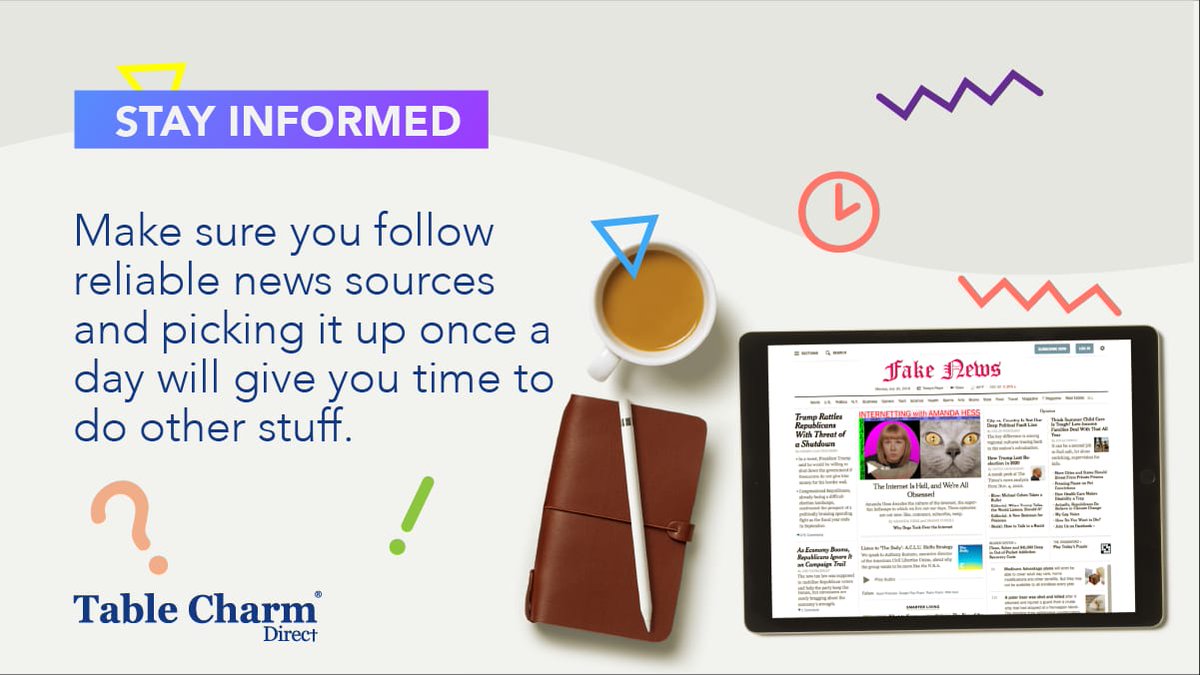 TableCharmSA's tweet photo. The news are filled with updates and it can be overwhelming. Fake news also circulates online and social media so prioritise sources. Limit the time you spend watching the news and remember to stay home, stay safe and safe positive! #StayHomeWithTCDirect #DailyLockdownChallenges https://t.co/kJu0byXoMa