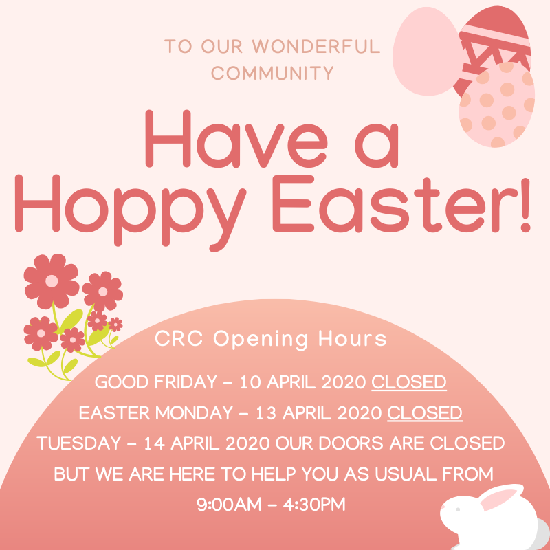 NarembeenCRC's tweet photo. HAPPY EASTER!!! 
The CRC wishes you a happy and safe Easter for 2020. Although we aren't able to take this opportunity to take a break and enjoy a change of scenery, we can still eat our body weight in chocolate, so why not!? https://t.co/hoN7TI4Gp5