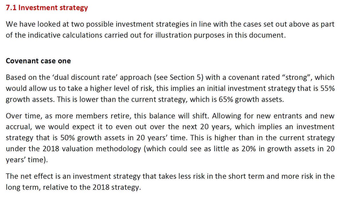 Section 7 of the discussion document compares a "no de-risking" approach with  #USS's favoured approach. From what's written here, it appears that there's not much to pick between them: the former maintains 65% growth assets, the latter 55% reducing to 50% over 20 years. 14/