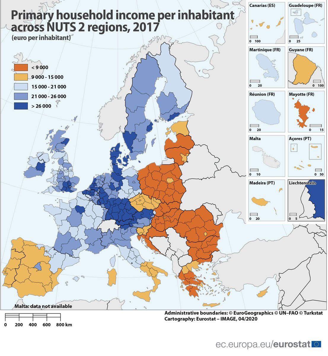 EU_Eurostat's tweet photo. Across #EUregions, primary household income ranges from €37 900 per inhabitant in 🇱🇺 Luxembourg to €2 500 in 🇧🇬 Severozapaden in Bulgaria

How does your region compare ❓

➡️ For more information: https://t.co/8O4GtfVD3o https://t.co/VOlkpm3P44