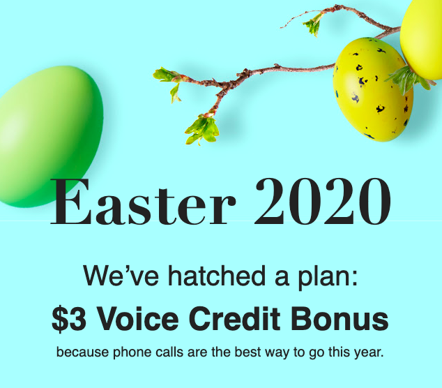 telephonecard's tweet photo. Easter will be different this year, but it doesn't have to be lonely. Connect with your loved ones with a phone call, no matter how far away they are.
You get $3 Voice Credit bonus using coupon code EASTERTIM3 on any order of min. $20 placed until April 11. Chat this Easter away! https://t.co/6xprW1MeZg