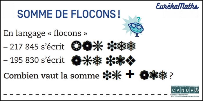 DefiEurekaMaths's tweet photo. @DefiEurekaMaths propose aux élèves des classes #CM1, #CM2 et #6ème une nouvelle activité : l'#enigme du jour. 
Aujourd'hui, l'#enigme n°9 : Somme de flocons !
Bon courage à tous !
#Maths #ContinuitePedagogique
@eduscol_maths @CTorossian_Off
@AxelJean77 @Labriet_PM https://t.co/7u4MHLLpXc