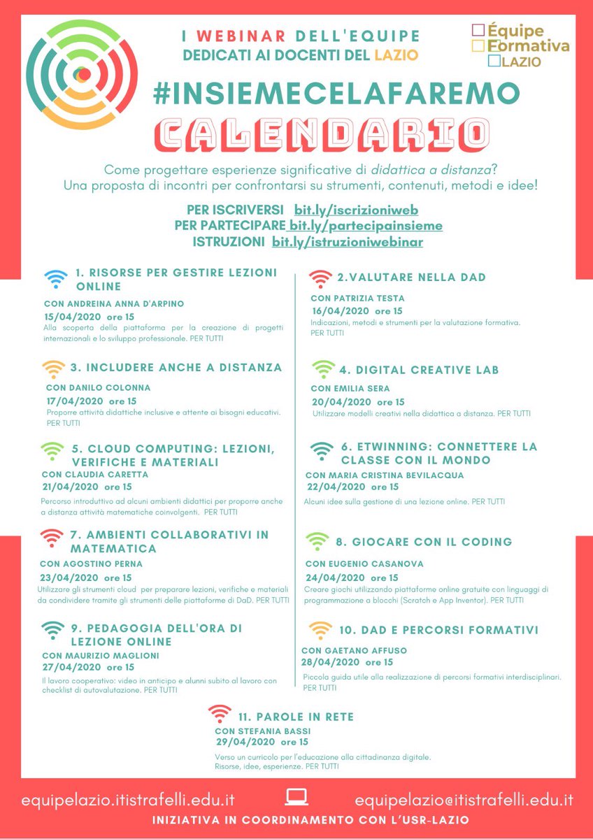 #valutazione
#inclusione
#creatività
#internazionalizzazione
#coding
#cittadinanza
#edtech
#FaD
Insomma parleremo di un po’ di tutto in #insiemecelafaremo, il nuovo ciclo di webinar dell’Equipe del Lazio! 
Cosa aspettate a prenotare il vostro posto? 
bit.ly/iscrizioniweb