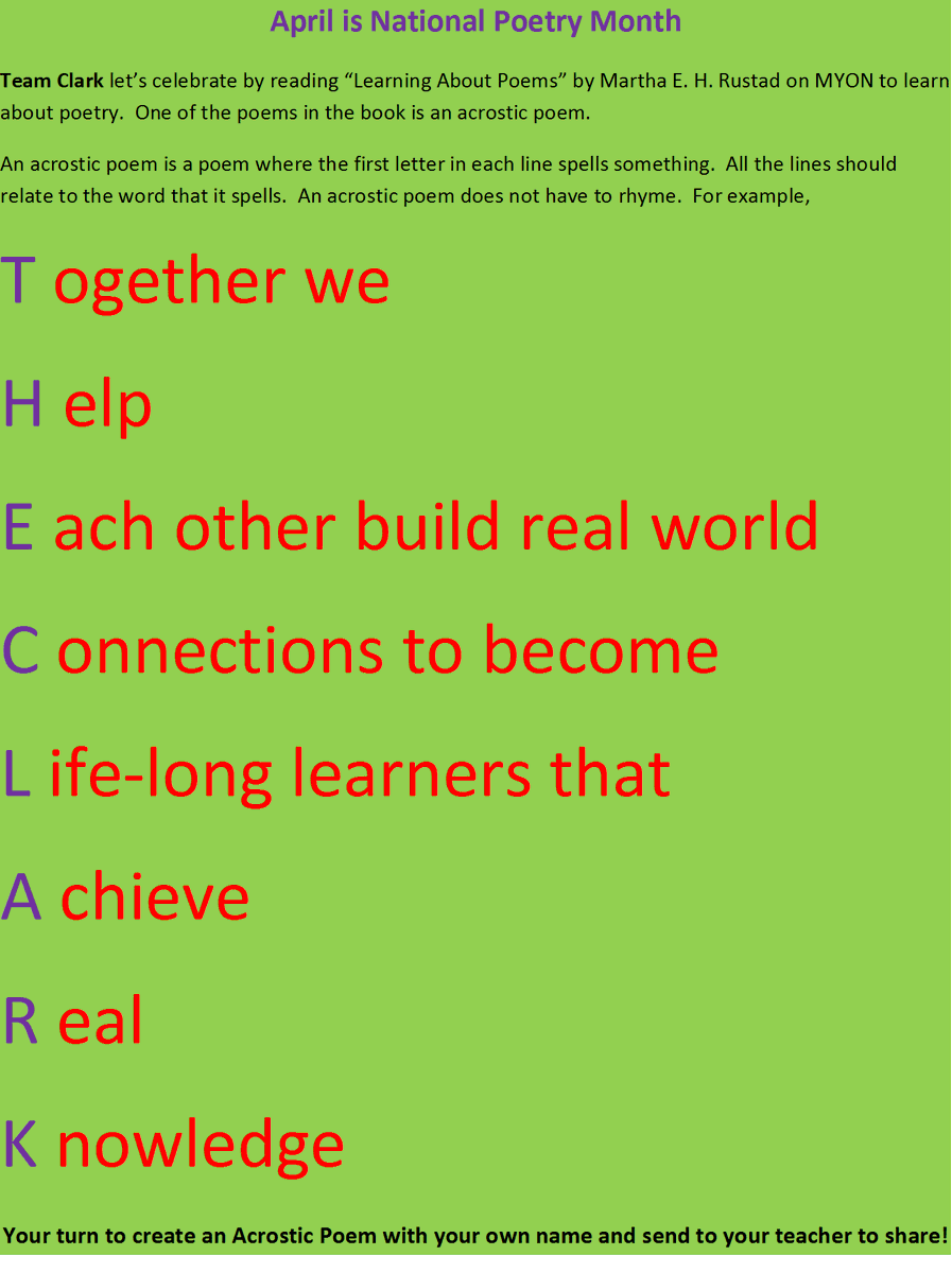 JenniferHyche's tweet photo. Celebrate Poetry Month-Team Clark-Let's read and create! #TeamSelmaConnected #TeamTheClark https://t.co/ZN3ftyiI81