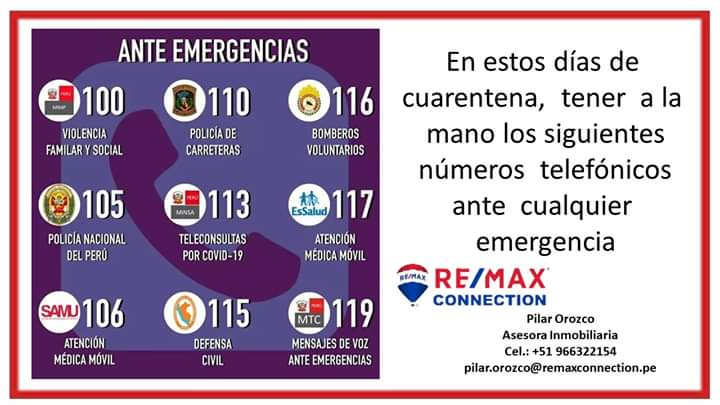 PilarRemax's tweet photo. Tener a la mano los numeros de emergencia #Yomequedoencasa
#Remax
#RemaxPeru
#Venceremos https://t.co/CvQF8nFcmq
