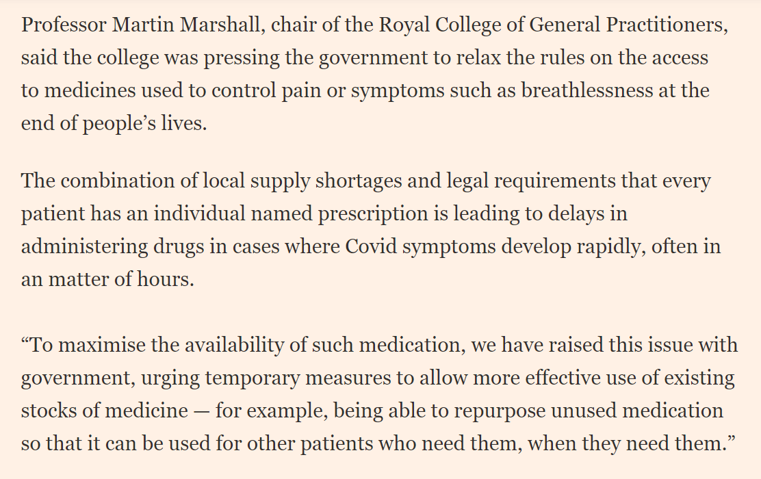 NOW  @MartinRCGP and some parts of the carer/pharmacist industry are lobbying Whitehall to relax these 'peacetime' rules on drugs to deal with the 'wartime' situation that  #COVID19 presents /7
