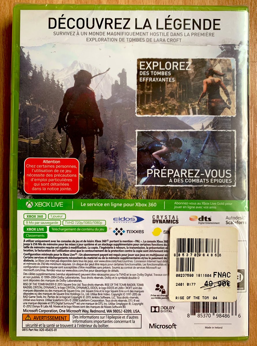 Rise of the Tomb Raider (Xbox 360, 2015) Annoncé comme une exclu Xbox One temporaire, la suite du reboot de 2013 était également sorti sur 360 en même temps, une jolie prouesse sur une console vieille de 10 ans !Cas rare de jeu sorti sur 360, One et PS4… et jamais sur PS3.