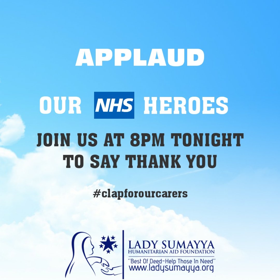 LadySumayya's tweet photo. Join us at 8pm tonight as we clap for our #NHS heroes

Donate generously to our cause to provide the NHS staff with essential kits.

https://t.co/t0Bsvmg4qD

#covid19 #nhs #clapforourcarers #iheartnhs #LadySumayyaCharity #donate https://t.co/mSpemqyTx6