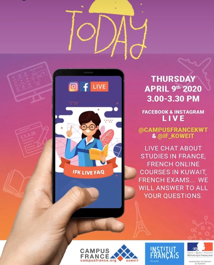 campusfrancekwt's tweet photo. Don’t miss today the Campus France and IFK’s live chat! #campusfrancekwt    #if_koweit #livechat #studyinfrance #francekoweit #learnfrenchlanguage https://t.co/VbXwYM1NWv