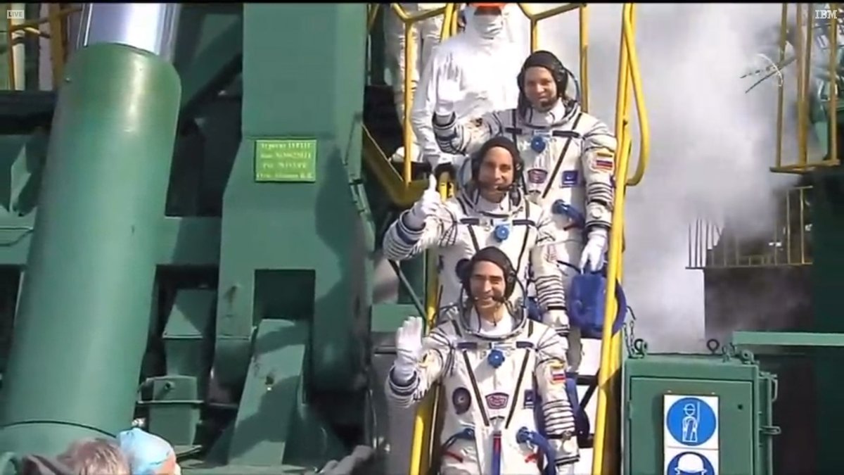 Space_Station's tweet photo. The Exp 63 crew boarded its Soyuz rocket a couple of hours ago and is counting down to a 4:05am ET launch to the station today. #AskNASA | https://t.co/yuOTrYN8CV https://t.co/gO3zchOj7o