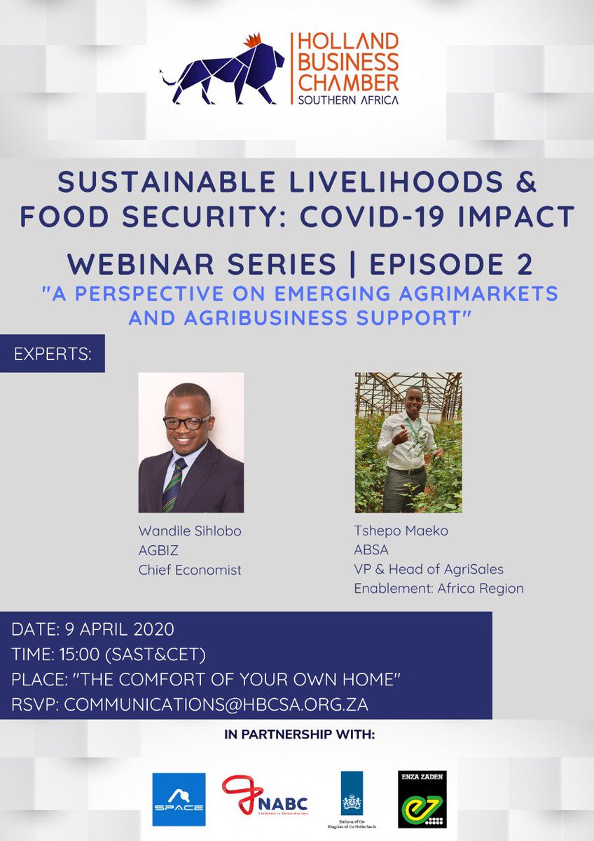 Remember to join us this afternoon at 15:00 for episode two of our 3-part webinar series. 

We will look at ‘Emerging AgriMarkets and AgriBusiness Support’ during the COVID-19 pandemic. 

To be part of the session, please click on the following link:

youtube.com/watch?v=P_ECYM…