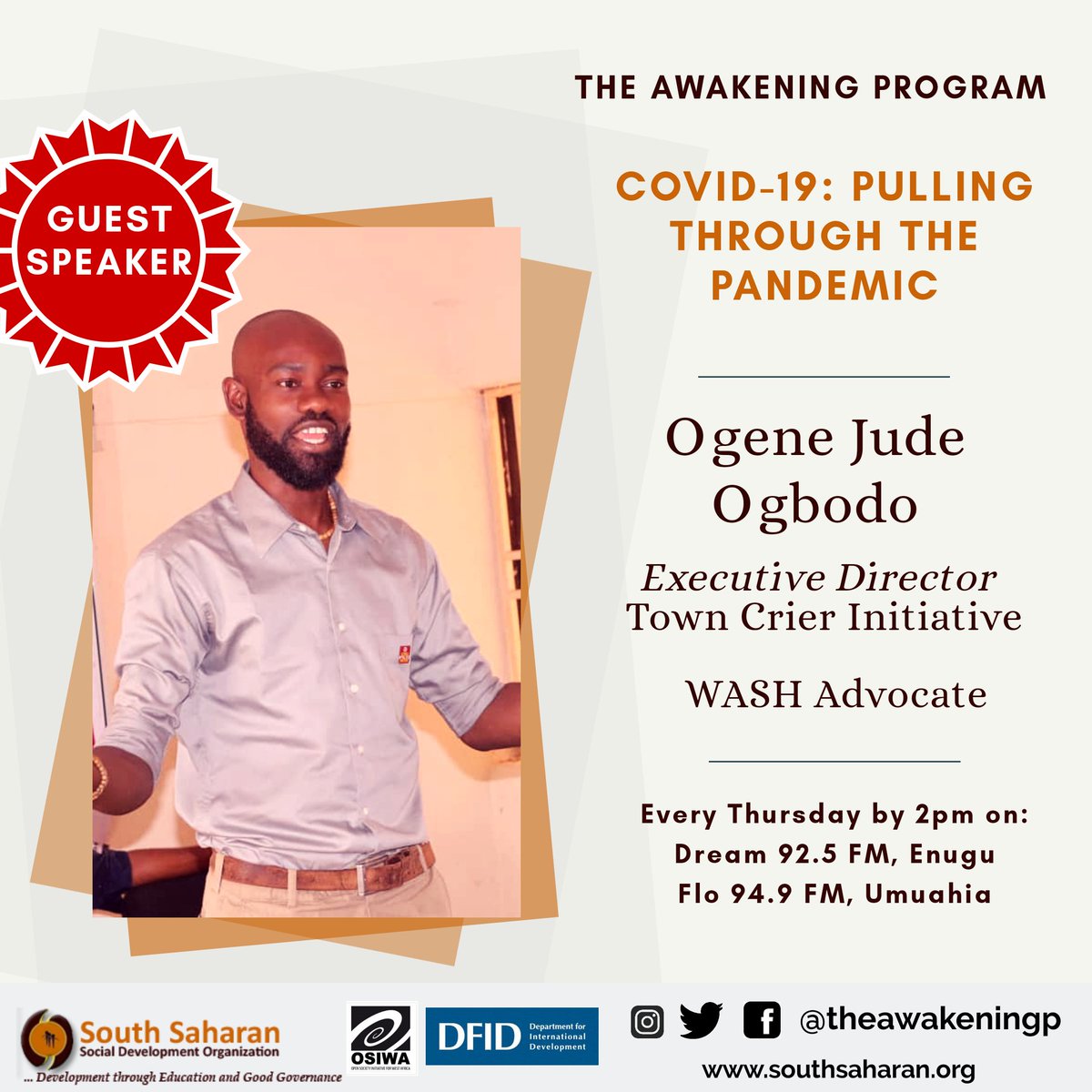 Our guest speaker for today's broadcast is Ogene Jude Ogbodo ( @ogene_ogbodo), Executive Director of Town Crier Initiative ( @InitiativeTown) and WASH advocate