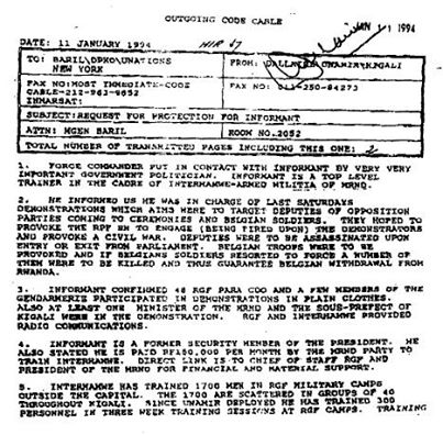 Germany, and the Croatian Ustase militia.The Dallaire "Genocide Fax" of 11 Jan 1994 detailed the existence of Interahamwe training for the purpose of killing Tutsi, the existence of kill lists and that of weapons caches. It was never acted on. More here  http://bit.ly/2XlicJS 