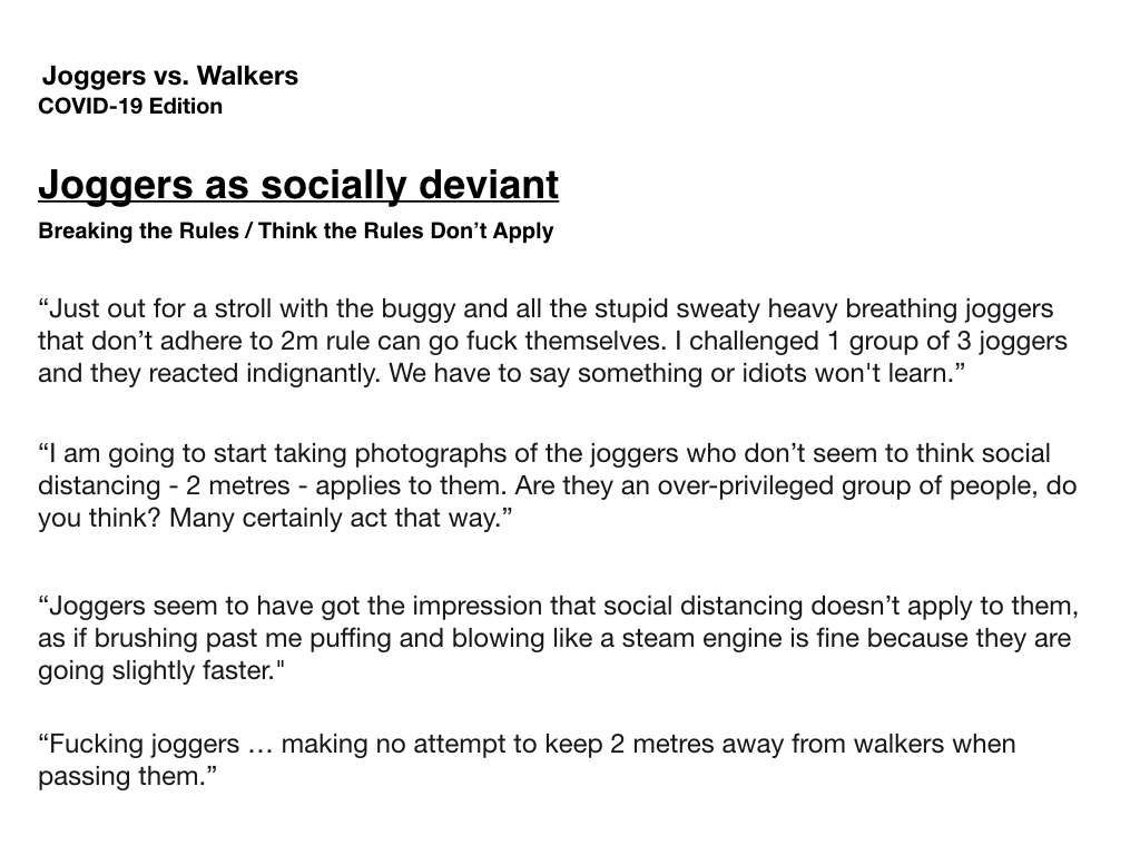 Inadequate infrastructure + planning often pits users of shared spaces (or resources) against each other. The emerging themes in the walker vs. jogger debates echo other inter-modal discourses!