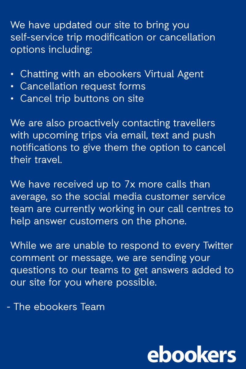 We want to wholeheartedly apologize for any issues you’ve experienced while trying to adjust your travel plans. We’ll continue to provide updates as the situation develops and new share self-service options as they become available. For the latest, visit: bit.ly/2Qk29aD