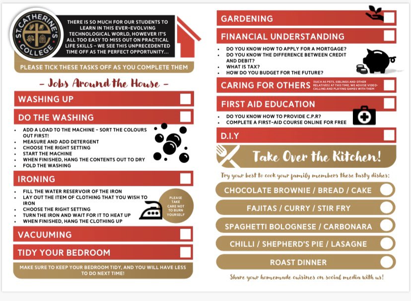 During these tough times students now have the opportunity to develop independence and practical skills that will last a life time. I’ve created the ‘Responsibility at home’ project which pupils can complete at home whilst on lock down. #notallaboutexams #lifeskills