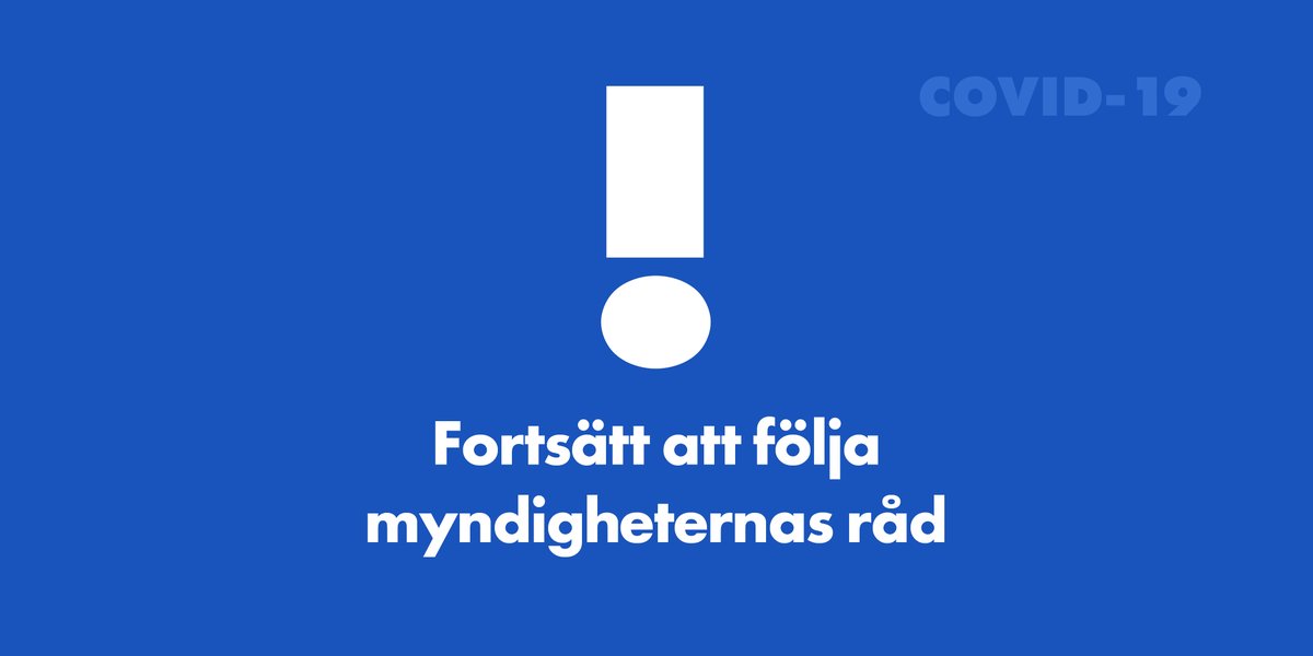 ❗ Viktigt! Fortsätt att följa myndigheternas råd angående covid-19:
🤒 Stanna hemma om du är sjuk
💧 Tvätta händerna ofta
🚶↔️ 🚶 Håll avstånd
⚠️ Undvik fester
🚗 Undvik onödiga resor
🏡 Begränsa sociala kontakter om du är 70 år eller äldre.