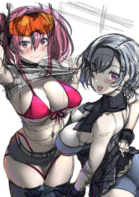 #アズールレーン
今書いてるブレマートンとリノのラフ 