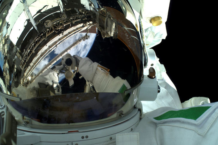 UNOOSA's tweet photo. Today’s #SpaceflightHighlight: @astro_luca of @esa snaps a spacewalk selfie in 2019, while conducting critical maintenance tasks for the @Space_Station 
#HumanSpaceFlight 
Pic: #ESA https://t.co/irwjbhylkg