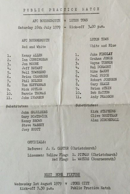 Kitman_Phil's tweet photo. Thursday's #TheyPlayedForDavidPleat (1978-86) Pre-Season Friendly match away to @afcbournemouth 28th July 1979 @MichaelSaxby2 but no @rickyahill or @SeamusHeath1? #MalDonaghy #WayneTurner #RobJohnson #JakeFindlay #PaulPrice #KirkStephens #CliveGoodyear on the bench. Score anyone? https://t.co/v9GFKjH8NB