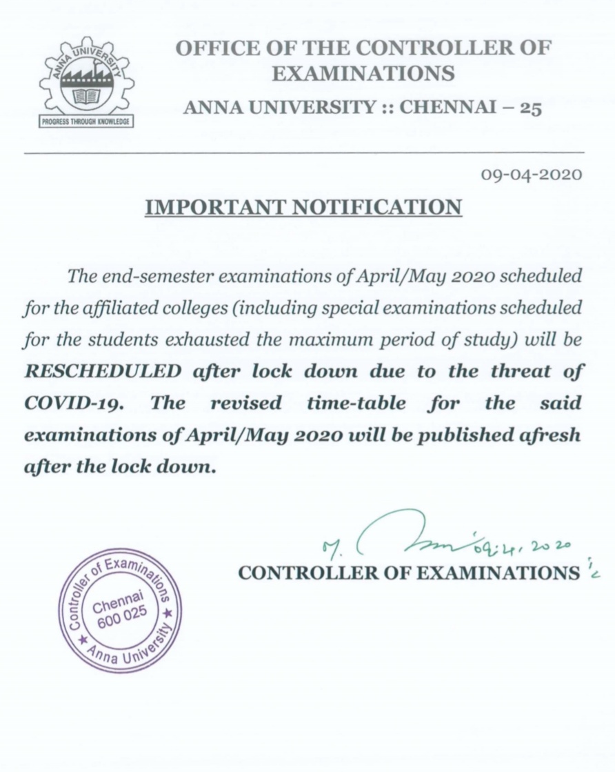 mannar_mannan's tweet photo. #COVID19update: #AnnaUniversity #EndSemesterExamination of April/May 2020 will be rescheduled after lockdown due to the threat of #COVID19. Revised time table will be published after the lock down. @xpresstn https://t.co/1GRTXFktBC