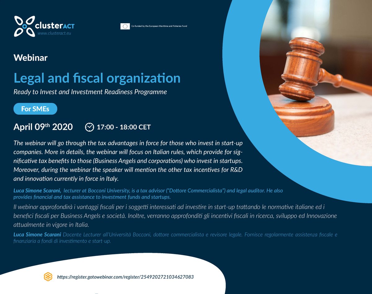 ClusterACT's tweet image. The last #webinar of this week will be in Italian 🇮🇹 This afternoon at 17:00 CET Luca Simone from @Unibocconi will go thought the Italian rules which provide tax benefits for #investors 📈 bit.ly/2Rq2MA7