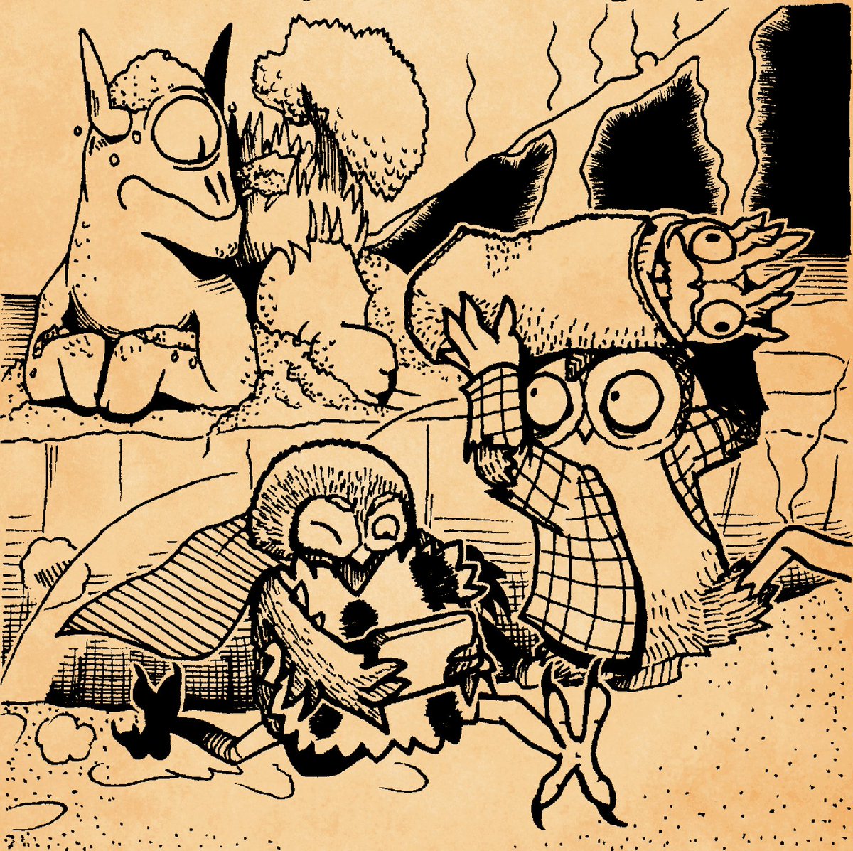 Nowadays Realm of Owls strips have more structured story arcs, but silliness continues! Follow the authors into the Twisted Keep and witness their reports about its mind-twisting floors. They meet many weird, wacko and Cacko characters. While escaping back home!