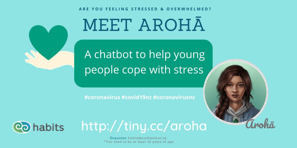 Feeling stressed? Missing your friends? Bored in lockdown? Meet Aroha, our brand new chatbot. She might be able to help. Try it out at tiny.cc/aroha and let us know what you think. #coronavirus #covid19 #coronavirusnz