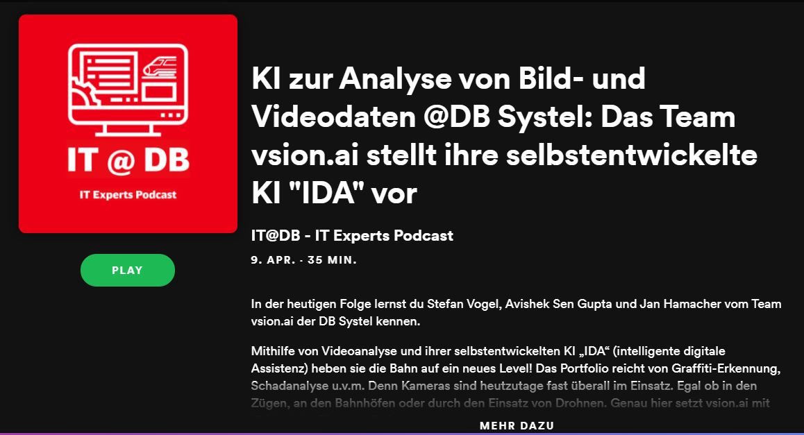 HALT STOPP: Bevor es ins lange Osterwochenende geht -> Folge #19 ist online!🎧

Heute lernst du das Team @VsionAi  von der @dbsystel  kennen. Thema: Einsatz von KI zur Analyse von Bild- und Videodaten.💻 

#python #TensorFlow #AWS #Linux #Docker #predictivemaintenance <a href="/DBKarriere/">DB Karriere</a>