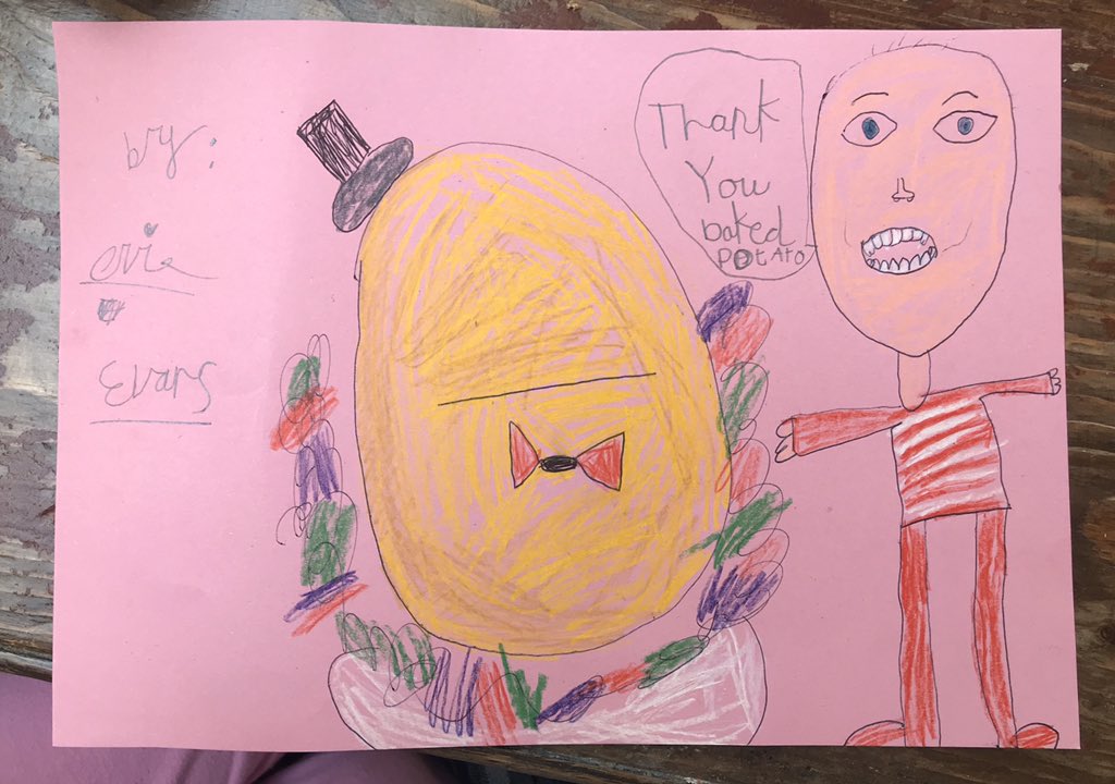 bunchof5s's tweet photo. Evie (6) wanted to draw a George Dawes version of baked potato. And you’ve never looked better x @RealMattLucas #FeedNHS https://t.co/f1erLFVlwW