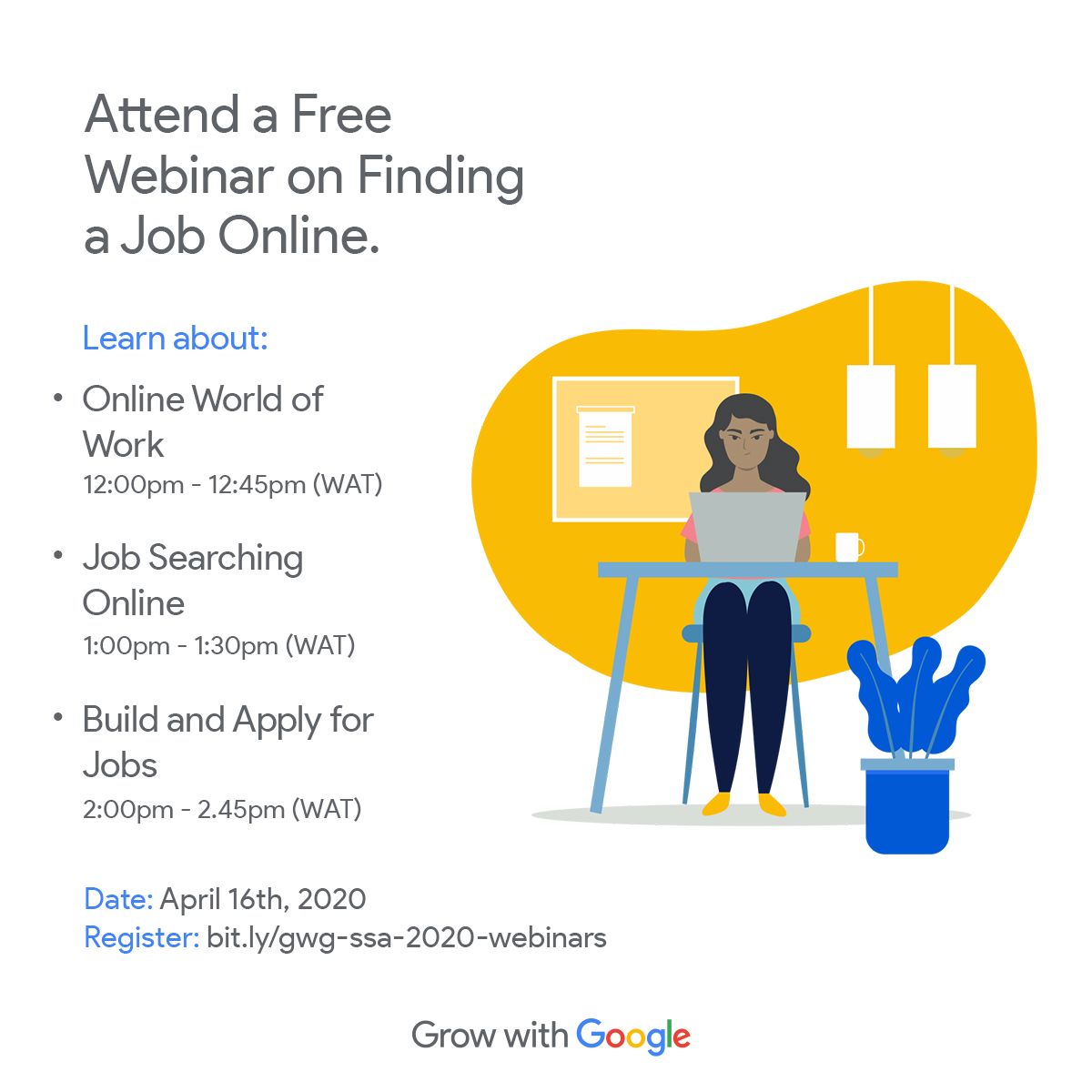 FREE WEBINAR FOR JOB SEEKER!!! 
Learn how to develop their online presence,
Build a CV
Prepare for interviews 
Manage
the job search process from start to finish. 
Visit bit.ly/gwg-ssa-2020-w… to register now!

#GoogleDigitalSkills #GrowWithGoogle #StayHomeStaySafe #mtgng #Jobs