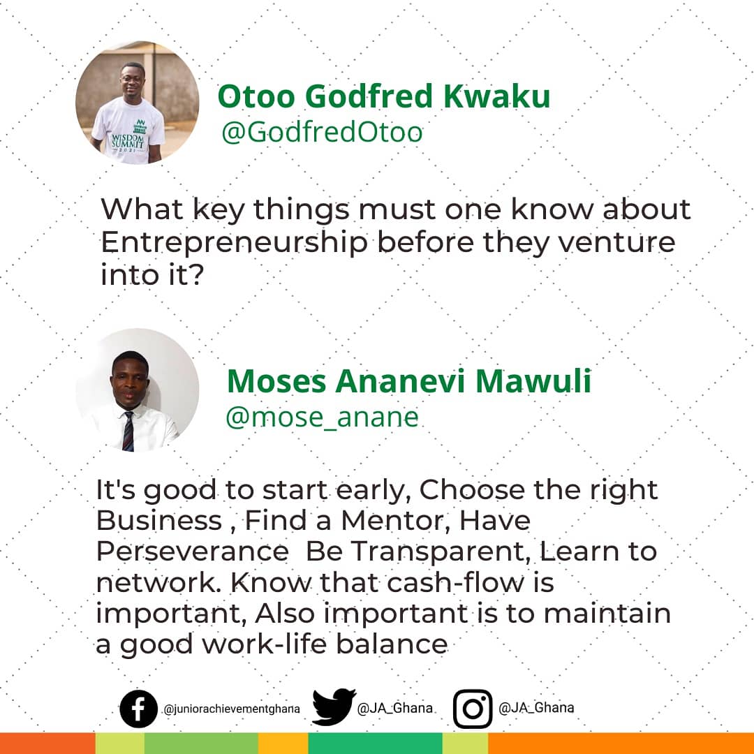 ja_ghana's tweet photo. Entrepreneurship is not a rosy ride but its worth the wins and lessons. Don't take our word for it, check out what our alumni suggest you should consider as an aspiring entrepreneur.
Do you agree?
#entrepreneurshipeducation #sdg8 #sdg4 #workreadiness #askalumni #jaghana https://t.co/UZCrFjykIN