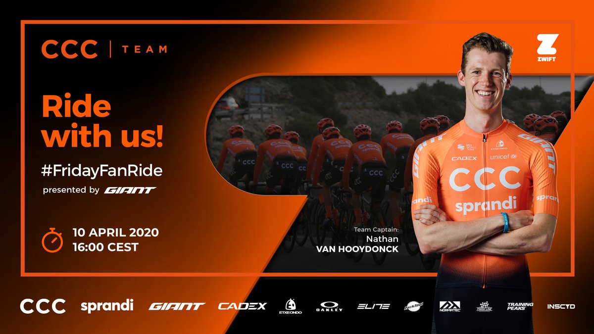 D-1 until our first <a href="/GoZwift/">Zwift</a> #FridayFanRide presented by <a href="/ridegiantbikes/">Giant Bicycles</a> 

Don't forget to sign up to join <a href="/NVHooydonck/">Nathan Van Hooydonck</a>, <a href="/jakubmareczko/">Jakub Mareczko</a>, Victor de la Parte, and Ilnur Zakarin, and receive the TCR Advanced SL for the ride 😍 

Details 👉🏼 bit.ly/RidewithCCC