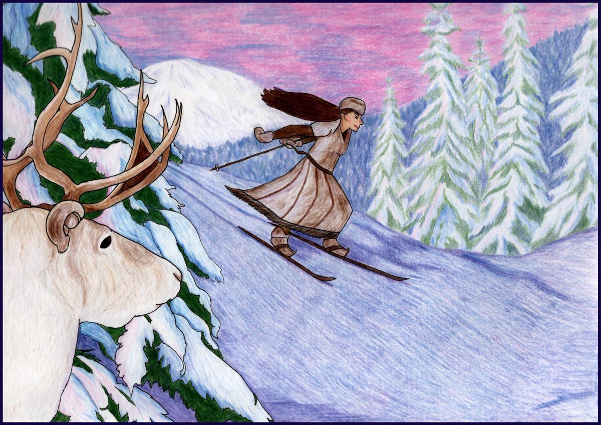 The medieval Mountain Sami people of Scandinavia domesticated reindeer. They would keep a few tame reindeer for riding and draught labour. They would also use them as decoys when hunting wild reindeer. Pictured here is a female reindeer watching a Sami woman ski.
