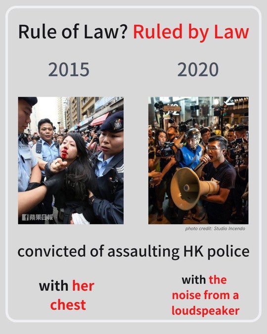 FreeHK97045802's tweet photo. The word ‘rule of law’ is only a joke in Hong Kong. It is now ruled by law. 
The is iconic as Hong Kong is known as a society with rule of law. 
#HongKong #HongkongPoliceTerrorism https://t.co/D825ofBVby