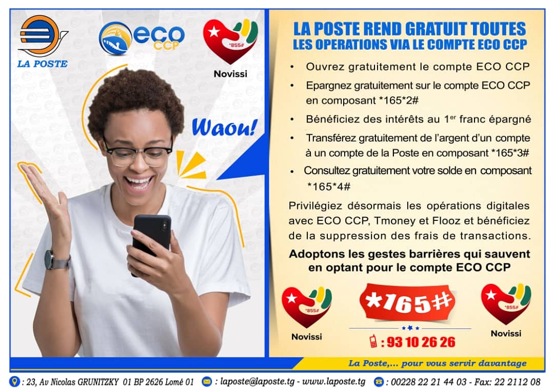 LaPosteTG's tweet photo. Profitez de la gratuité des opérations sur le compte ECO CCP 👌👌
Adoptons les gestes barrières pour nous protéger du Coronavirus 🙏🙏
#laposte #Togo #ECOCCP #gratuit #manipulation #billetsdebanque #Risques #Fraisdetransactions #NovissiTG #gestesbarrieres https://t.co/dyhYXNxrrl